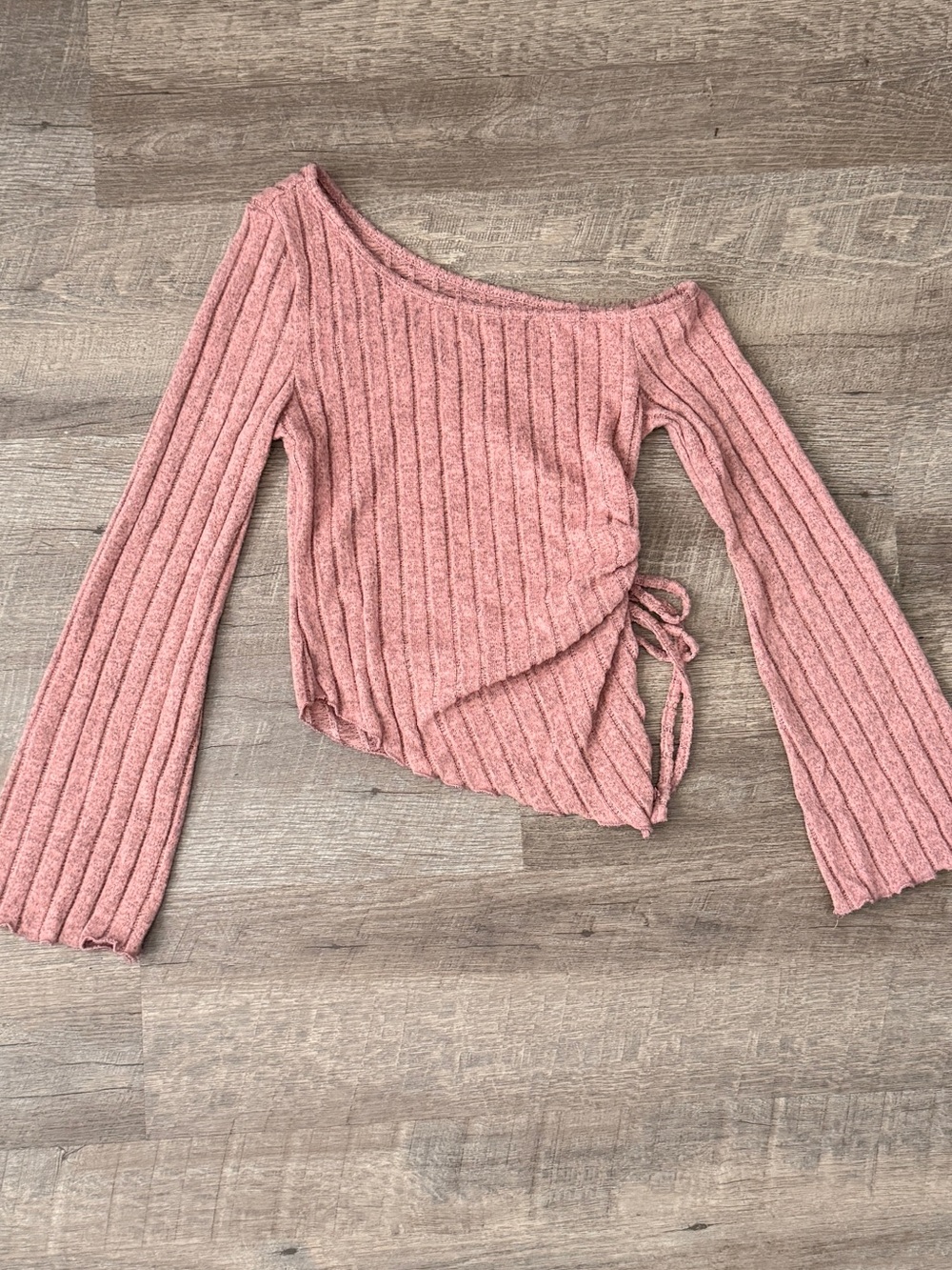 Ribbed Pink One-Shoulder Tie Detail Sweater